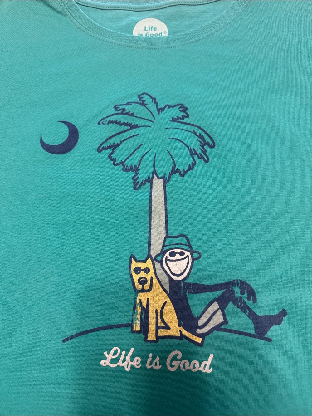 Life Is Good Teal Graphic Tee with Palm Tree, Smiling Figure & Dog